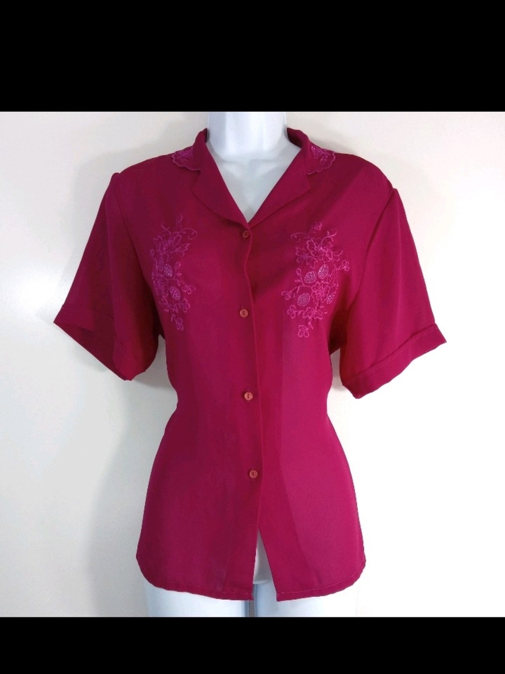 Vtg Women's Puccini Short Sleeve Embroidered Button-Up Top - Fuchsia Pink